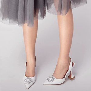 MICXKLZO White Slingback Pointed Toe High Heels Rhinestone Crystal Dress Sandals